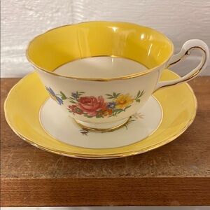 Vintage Yellow and White Floral Pink Roses Cup Saucer Set England
